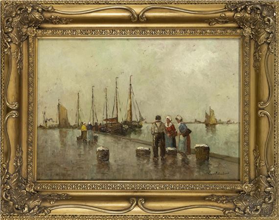 fishermen's wives at the harbor pier by Hans Harländer