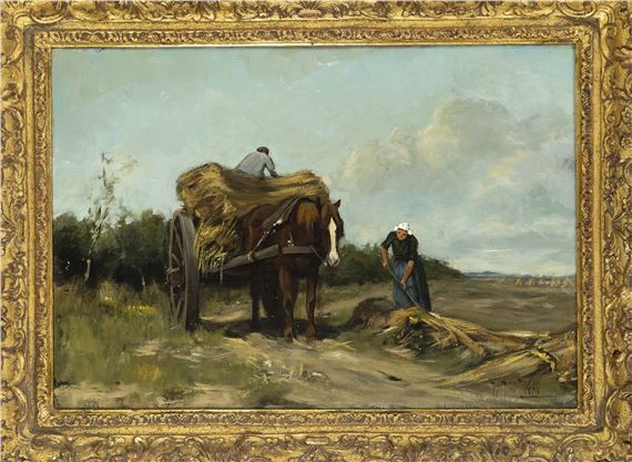 Peasant couple with horse-drawn cart at harvest by Herman Johannes van der Weele