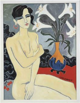 seated female nude with floral still life - Cao Giang