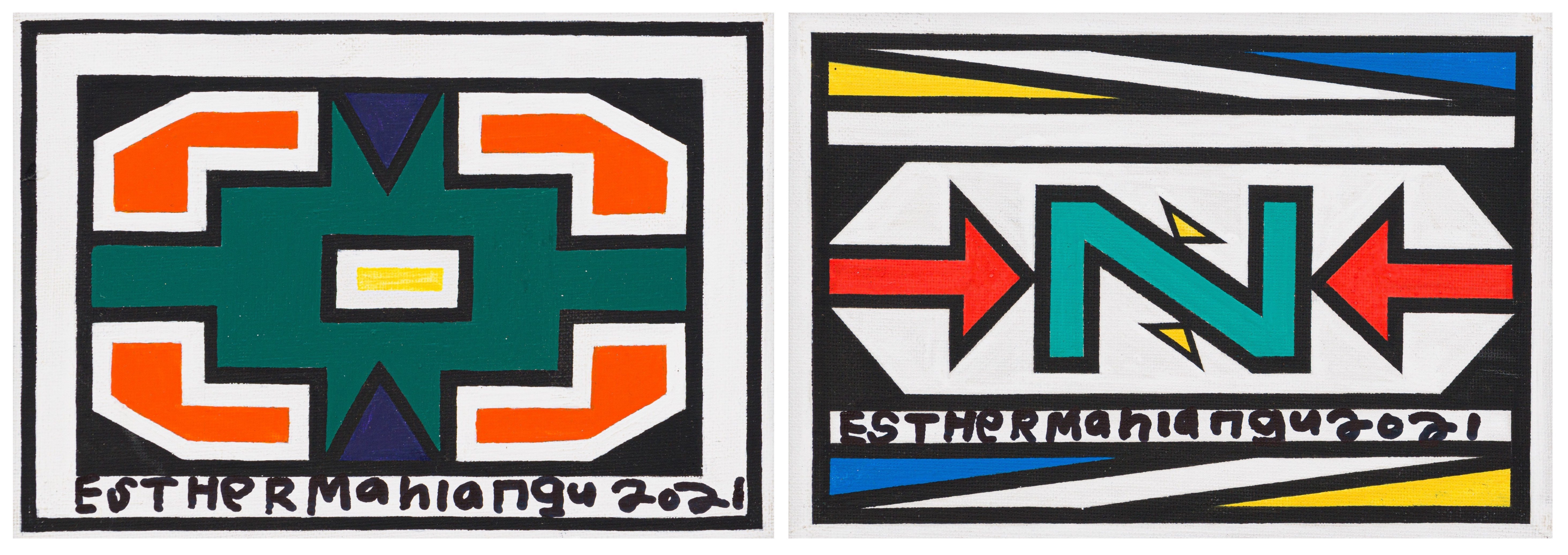 Artwork by Esther Mahlangu, Ndebele Designs, Made of acrylic on canvas laid down on board