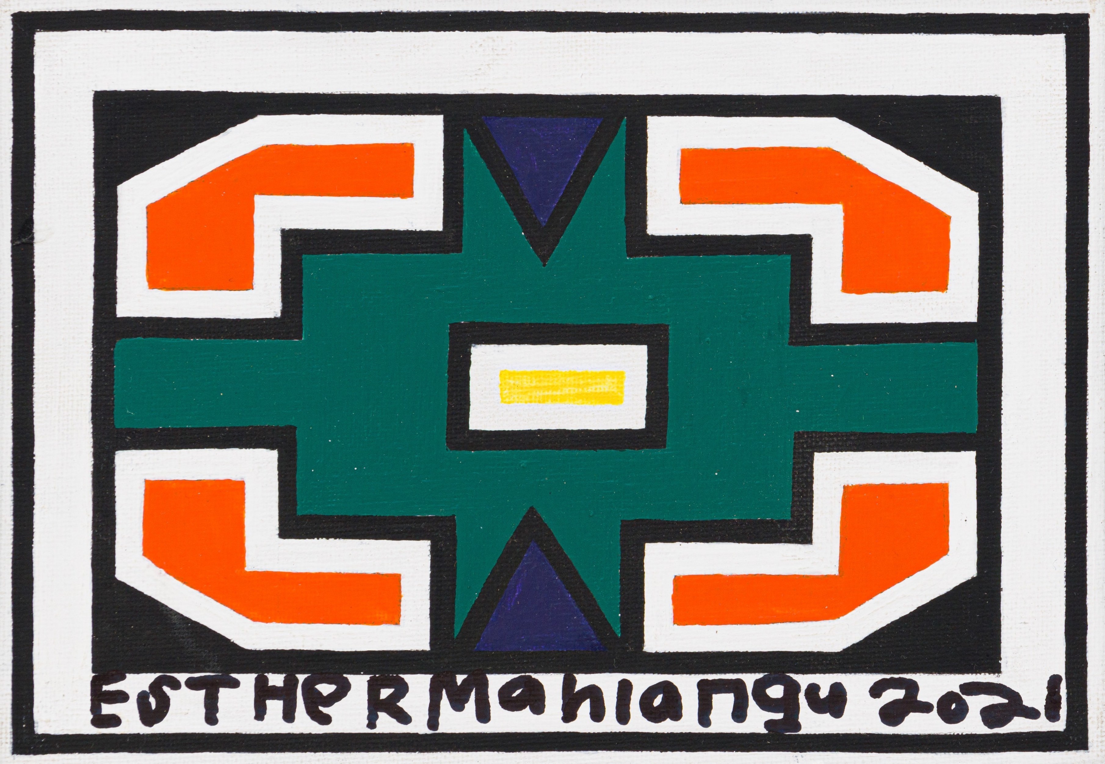 Artwork by Esther Mahlangu, Ndebele Designs, Made of acrylic on canvas laid down on board