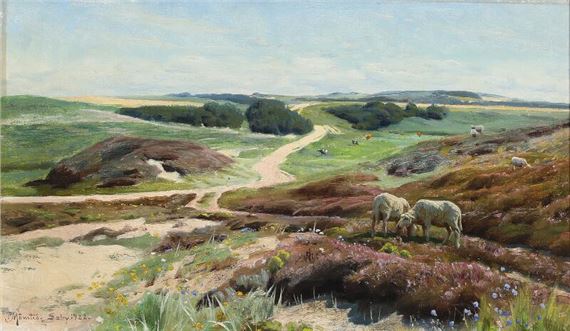 A view of grazing sheep near Sæby with Gjeddebjerget in the distance by Peder Mork Monsted, 1922