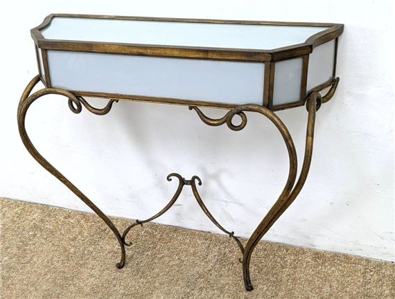 RENE DROUET attribution Gilt Iron White Glass Console Hall Table Attr. by Rene Drouet