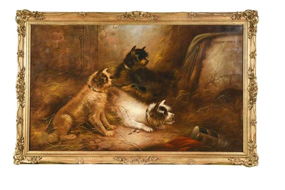 Three curious terriers in a barn by Edward Armfield