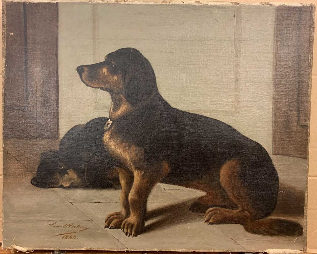 Artwork by Emil Rahm, Two dachshunds, Made of oil on canvas