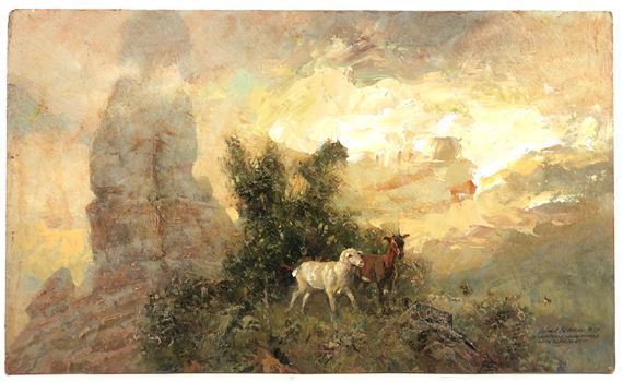 ELDERLY BEARDED MAN & TWO GOATS LANDSCAPE SCENE by Leland D. Beaman