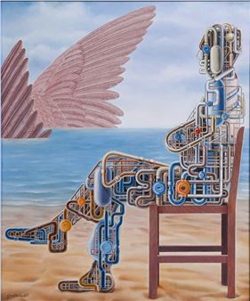 Industrial Piping Mechanical Man Seated on the Beach with Gigantic Feathered Wings Sinking into the Ocean - Gervasio Gallardo