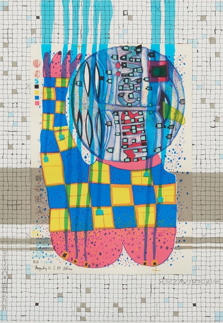 Artwork by Friedensreich Hundertwasser, IL ROTOLANTE (THE CREEPER, THE SLEEPER, THE DREAMER, THE THINKER), Made of Zinc photolithography in 3 colors, silkscreen in 14 colors, metal embossing of 5 colors, collaged on cardboard with silkscreen in colors