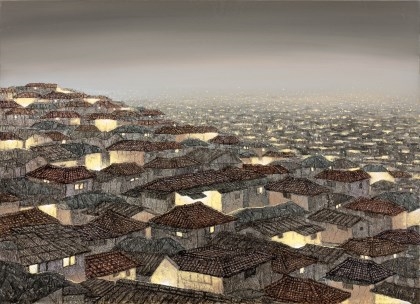 Artwork by Joung Young-Ju, City-Disappearing Scenery, Made of acrylic and Korean paper collage on canvas