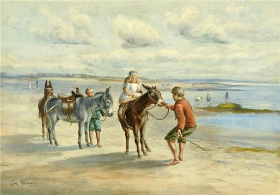 Children with donkeys on beach by Chris Meadows
