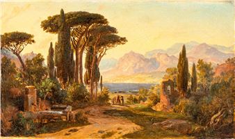 Südländischer Bergsee mit Pinien, Zypressen und Ruinen - A. Hoening