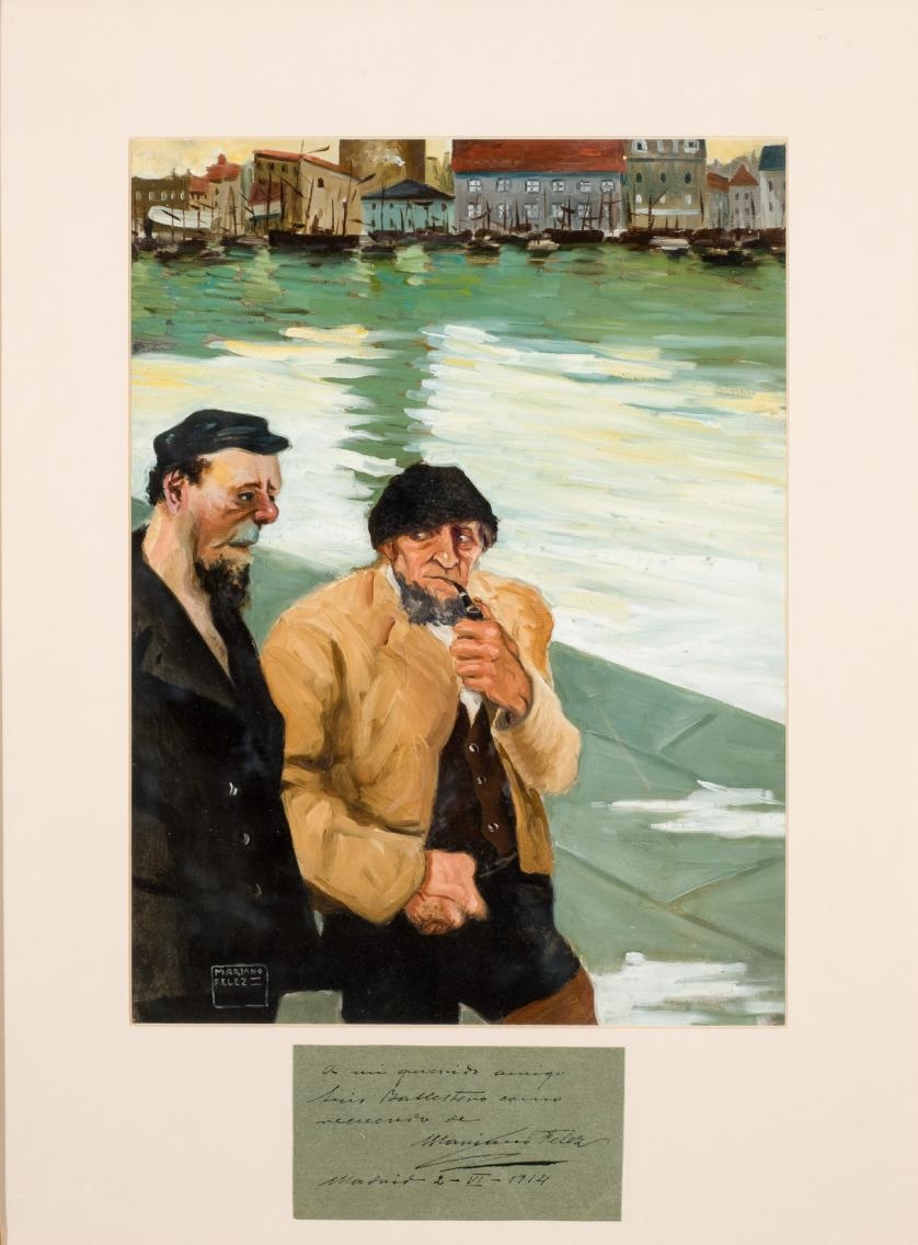 Artwork by Mariano Felez, Marineros en el puerto, Made of oil on paper