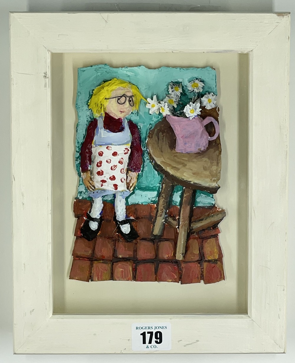 Artwork by Luned Rhys Parri, Speckled female standing next to table, Made of mixed media