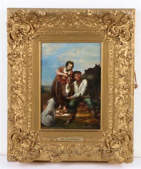 Country scene with seated ploughman having his tankard filled by a bare-footed girl, by William Hemsley