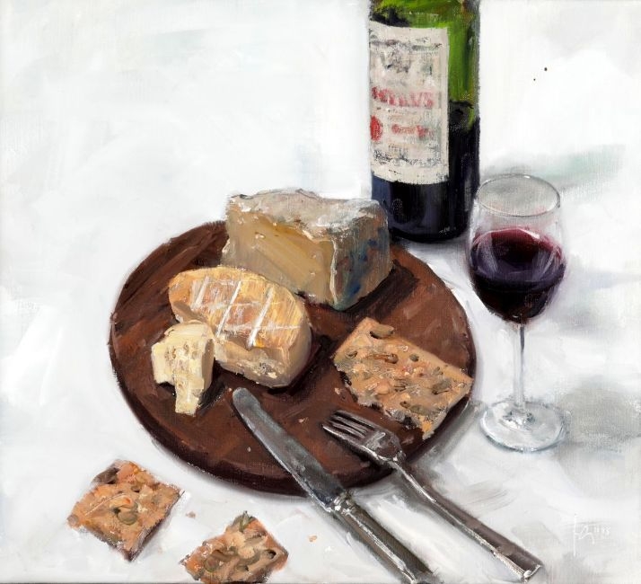 Artwork by Friedel Anderson, Stillleben mit Käse, Brot u. Wein, Made of Oil on canvas