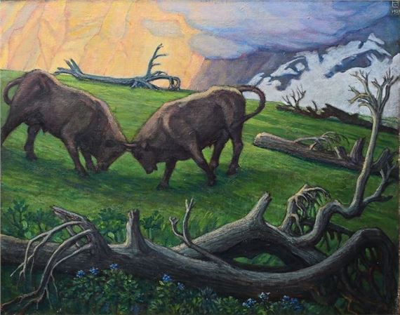 Landschaft mit zwei kämpfenden Stieren by Ludwig von Hofmann, 1933