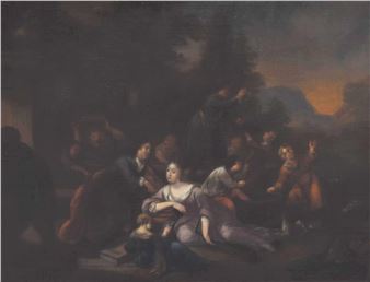 Figures in a classical garden, a lady holding a mandolin or lute in the foreground with trees and mountains beyond - Giovanni Battista Lenardi