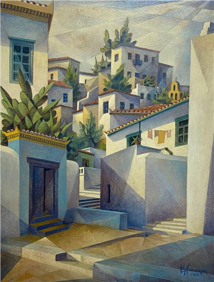 Hydra with blue door by Kostas Plakotaris, 1963