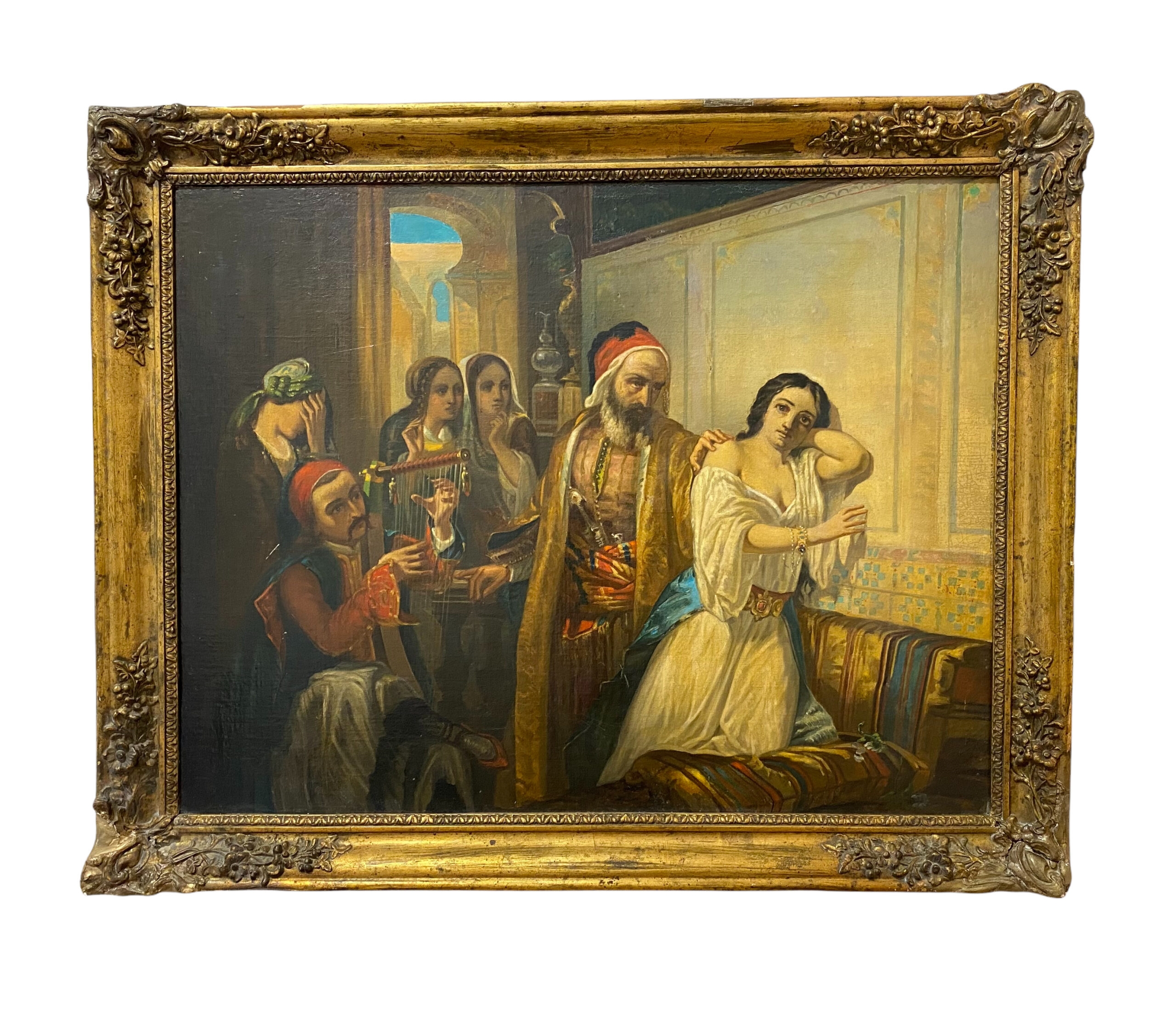 The Sultan is grabbing a young Greek woman in a slave market by Orientalist School, dated 1869