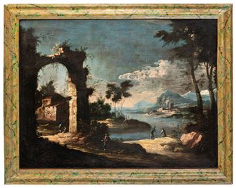 Paesaggio con rovine, figure e lago - Maestro Delle Montagne Azzurre