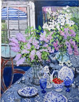 still life, tabletop with dinnerware and flowers - David Moskovitz