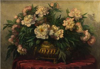 Pioenen in koperen cachepot - Jeannette Slager