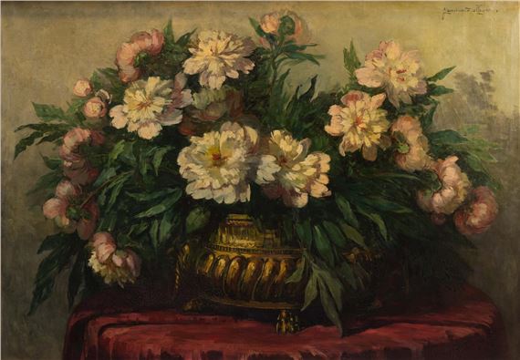 Pioenen in koperen cachepot by Jeannette Slager