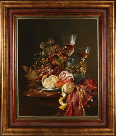 Stilleven naar voorbeeld van de gouden eeuw, met fruit, Venetiaans glas et cetera by Cornelis le Mair