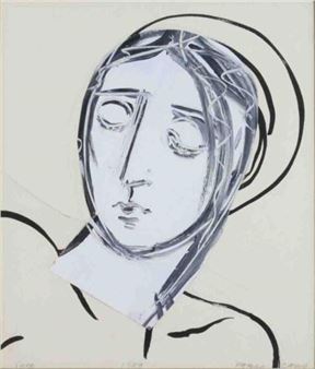 A minimalist portrait of a figure with closed eyes and a halo, rendered in stark black lines against a pale background.