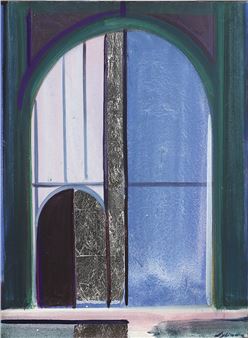 A geometric composition featuring a stylized arched doorway with textured panels and bold blue tones.