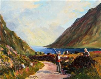 A painterly landscape of a coastal path with figures and fishing gear.