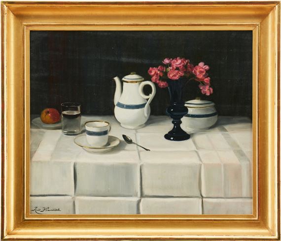 Stilleben med kaffeservis och blommor by Rudolf Heverdle