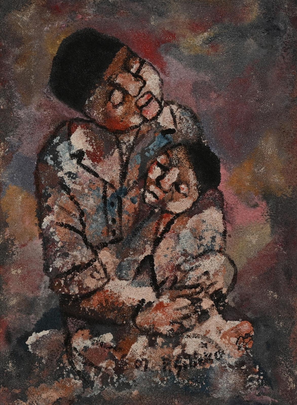 Artwork by Peter Sibeko, Mother and Child,, Made of oil and sand on board,