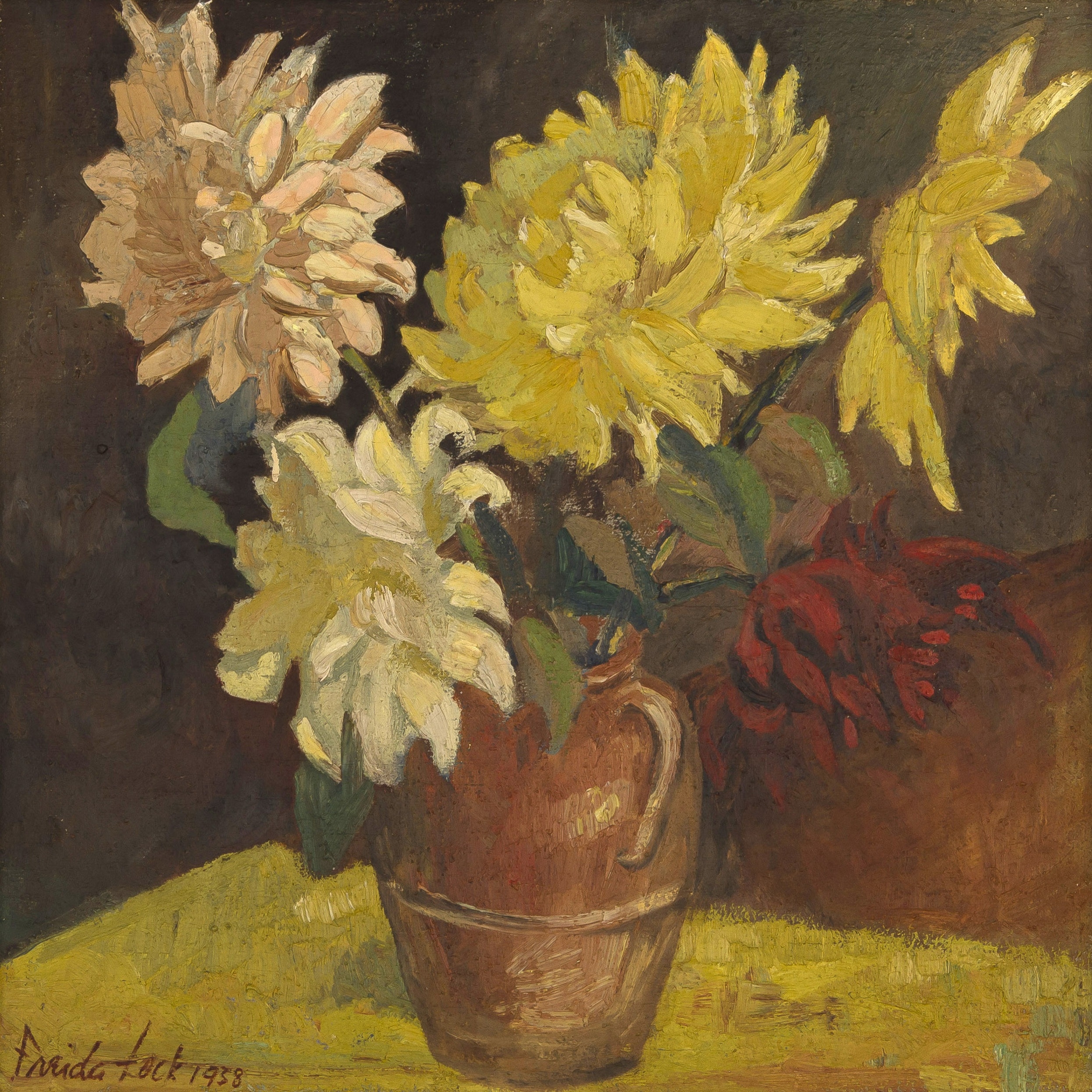 Freida Lock | Dahlias in a Brown Vase (1938) | MutualArt