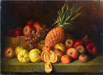 Still life with melons and pineapples - E. Geneste