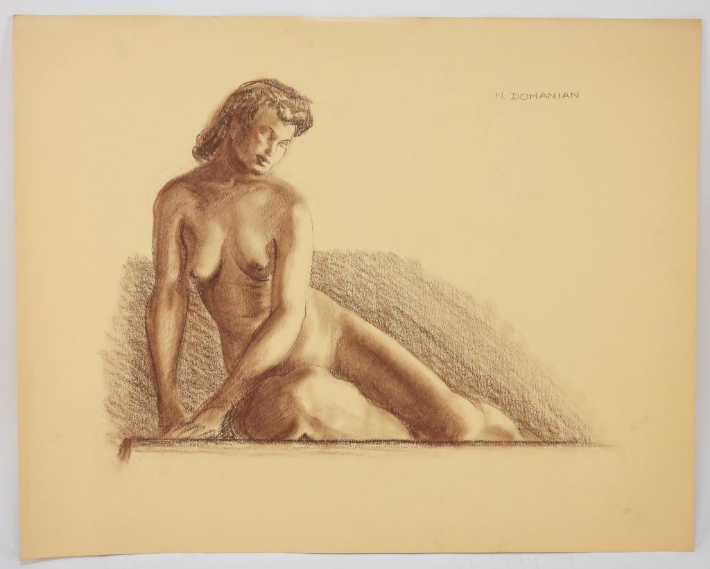 Artwork by Nevart Dohanian, Nevart Dohanian Lounging Nude Figure Study, Made of Charcoal on paper