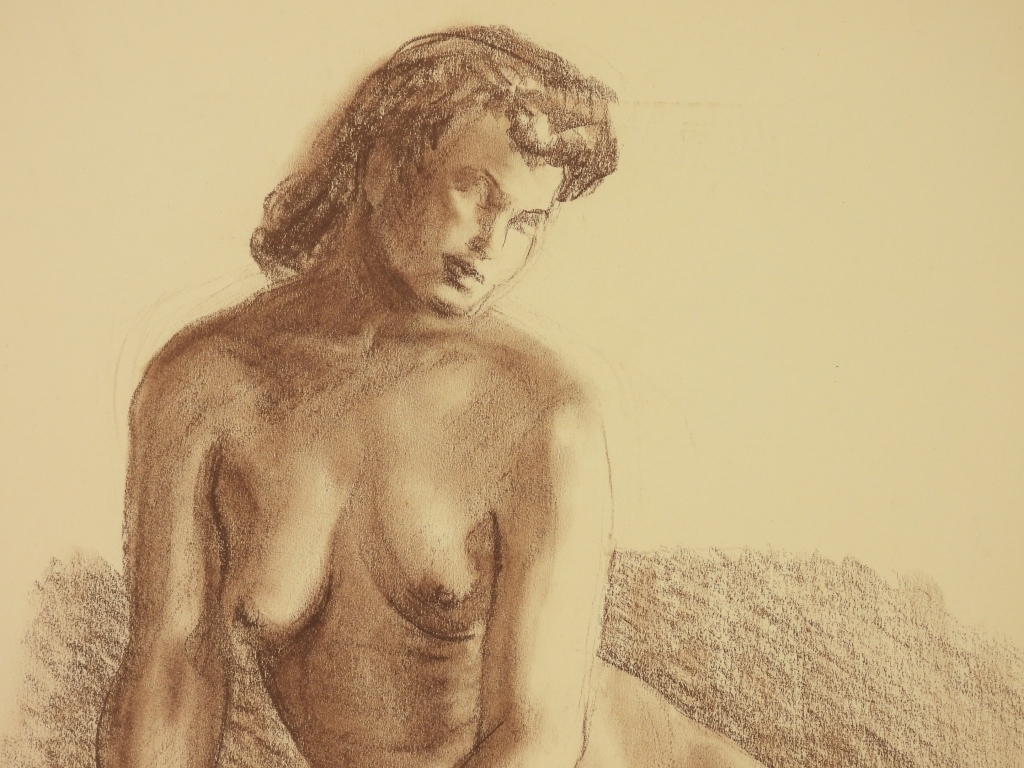 Artwork by Nevart Dohanian, Nevart Dohanian Lounging Nude Figure Study, Made of Charcoal on paper