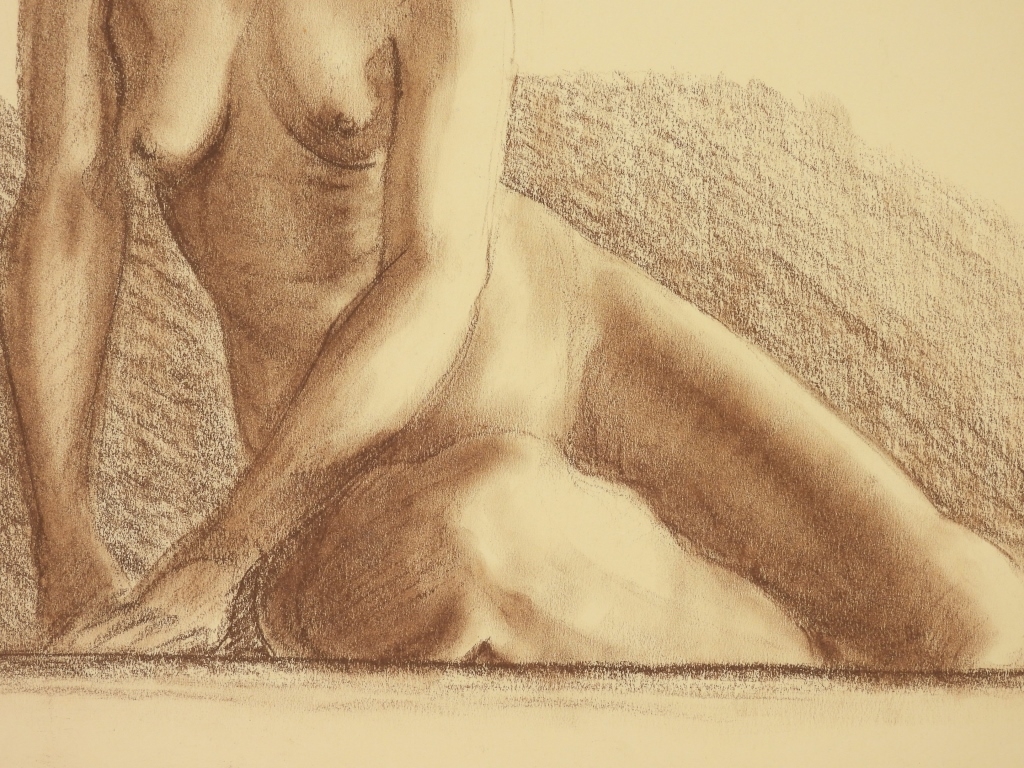 Artwork by Nevart Dohanian, Nevart Dohanian Lounging Nude Figure Study, Made of Charcoal on paper