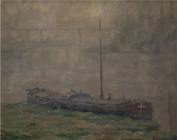 A muted, atmospheric painting of a long boat resting on grassy ground.