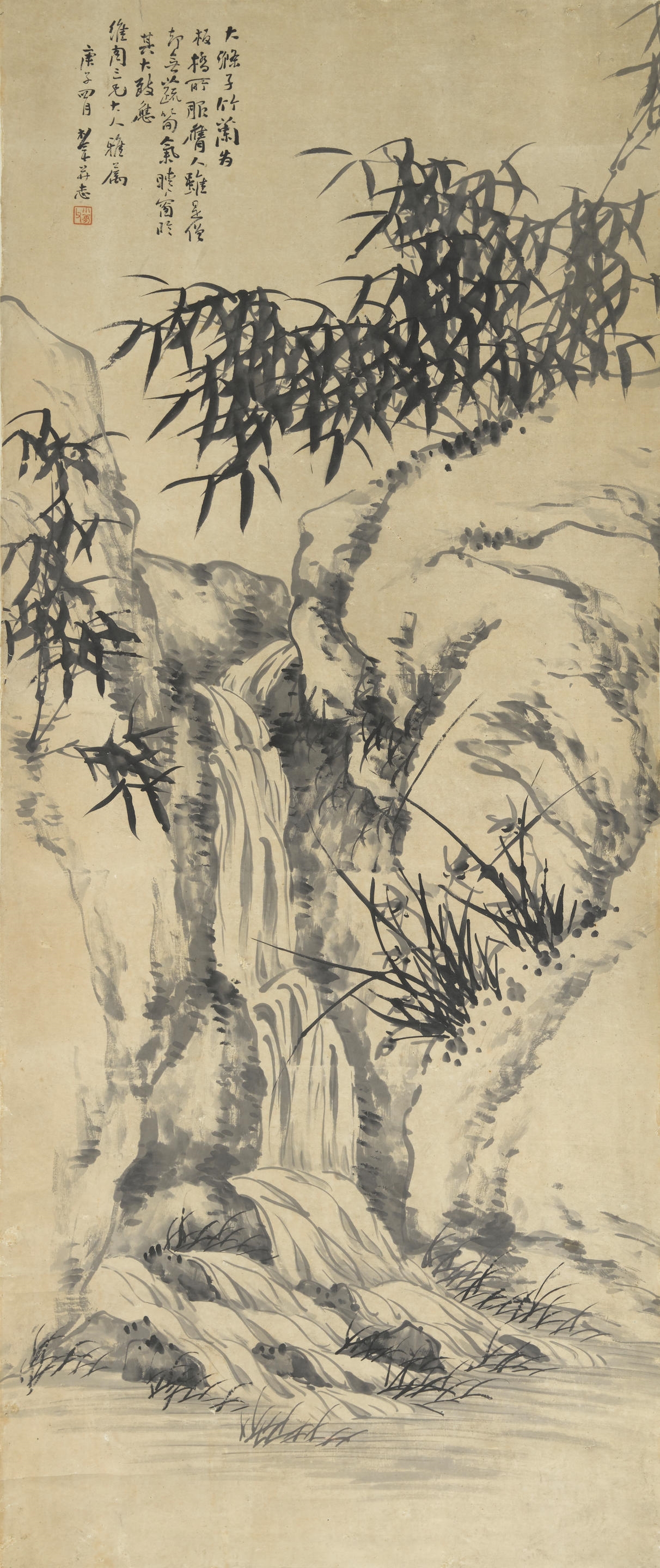 Artwork by Song Nian, Orchids and Bamboo by a Waterfall, Made of Hanging scroll, ink and color on paper