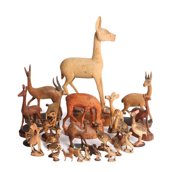 African School | African 28pc folk art carved & decorated wood animals:  birds, antelopes, elephant, zebra | MutualArt