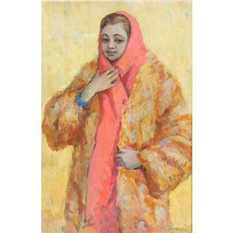Portrait of a young woman in orange scarf and fur coat - Elnora Day