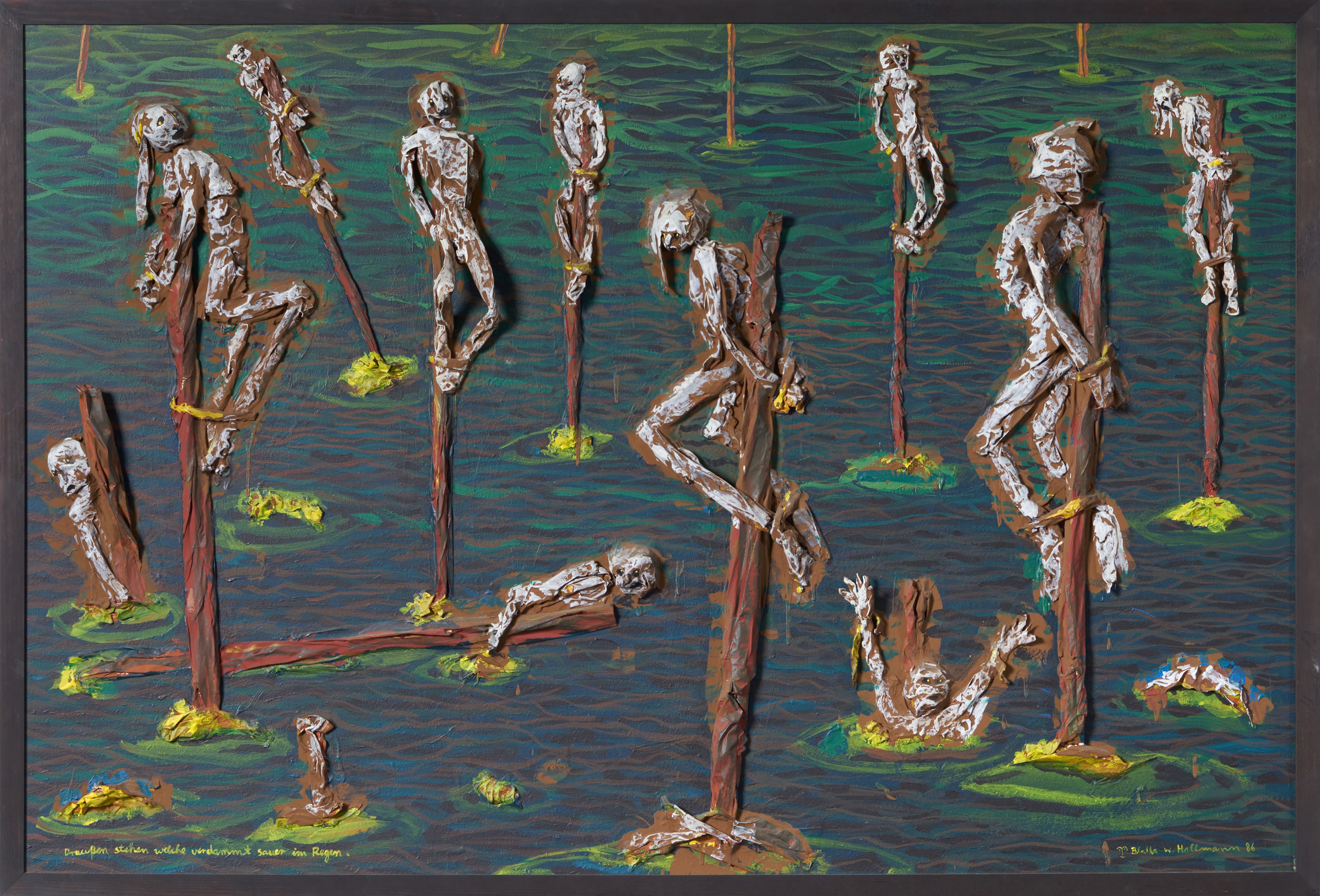 Artwork by Blalla W. Hallmann, "Draußen stehen welche verdammt sauer im Regen"., Made of Acrylic and modelling clay on fibre