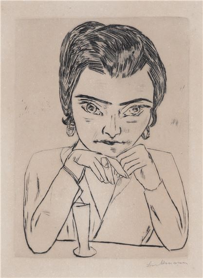 Bildnis Naila mit aufgestützten Armen und Glas