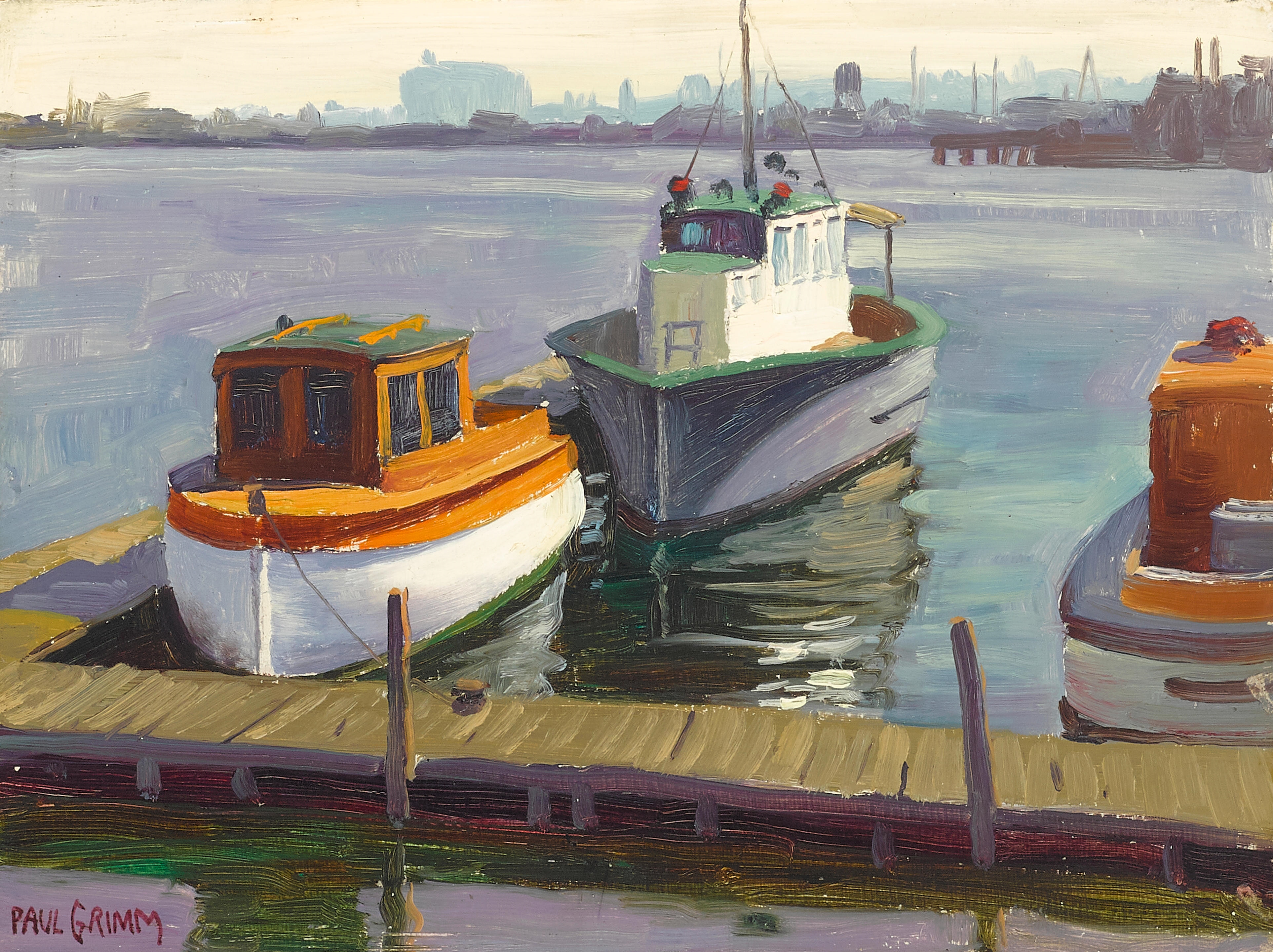 Artwork by Paul Grimm, Docked and Harbor Ship (a group of two), Made of oil on board