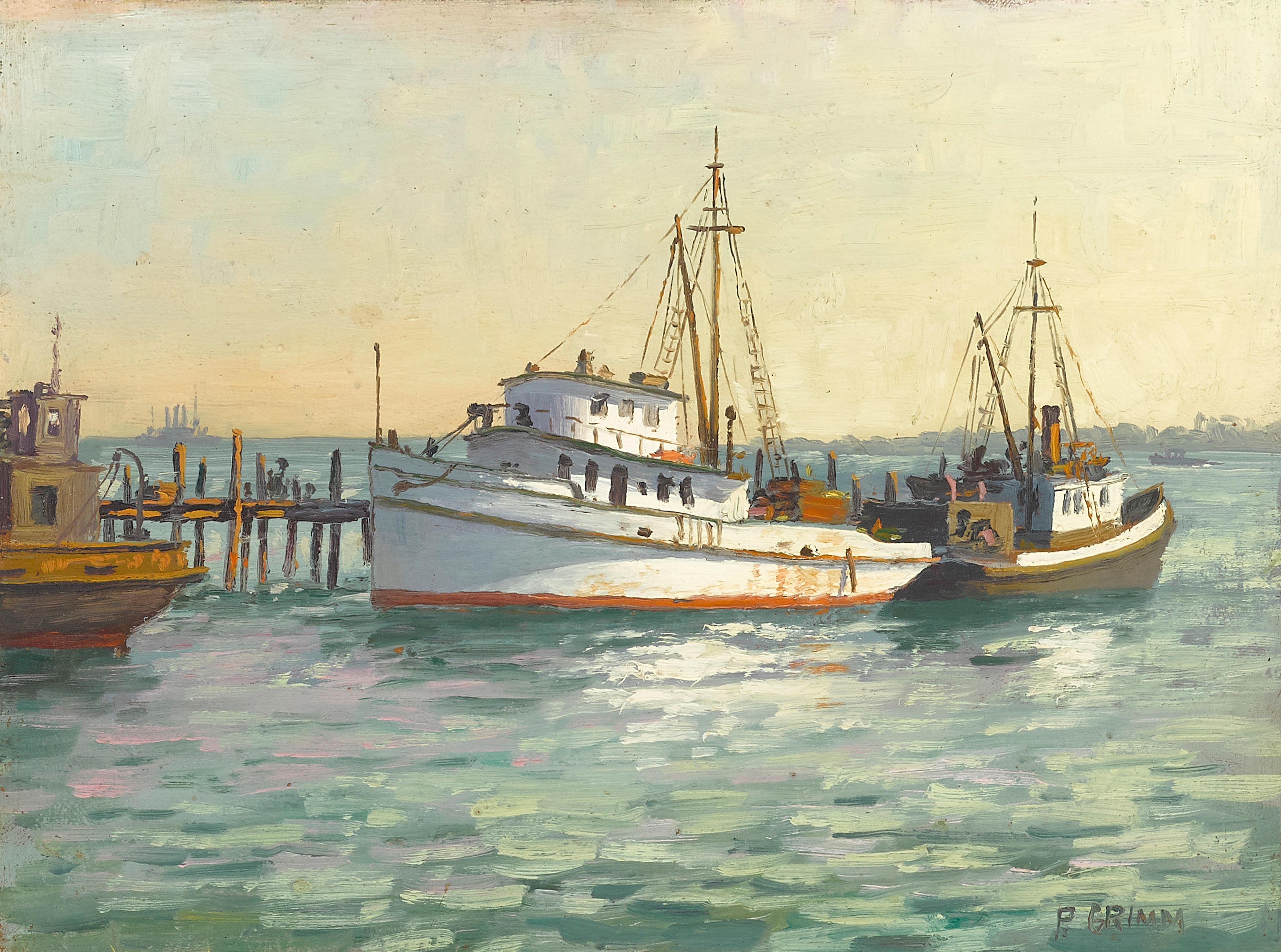 Artwork by Paul Grimm, Docked and Harbor Ship (a group of two), Made of oil on board