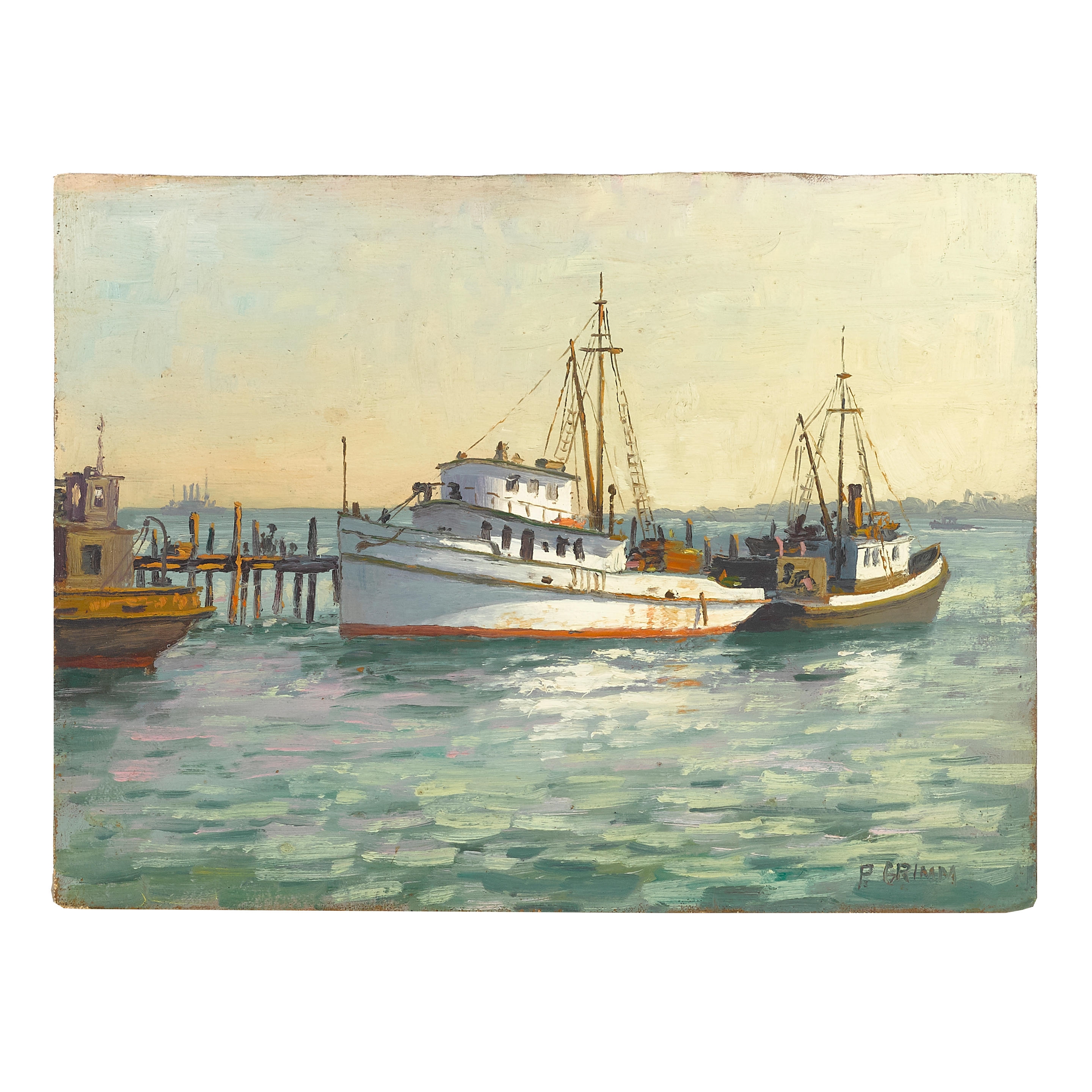 Artwork by Paul Grimm, Docked and Harbor Ship (a group of two), Made of oil on board