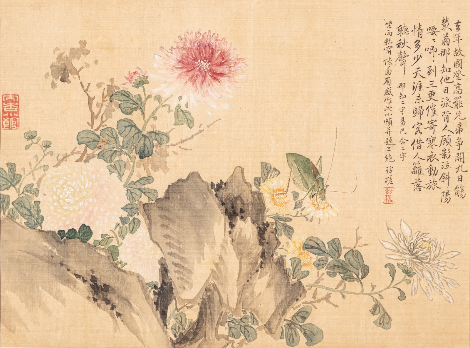 Artwork by Xu Minglun, Chrysanthemums, Made of ink and color on silk