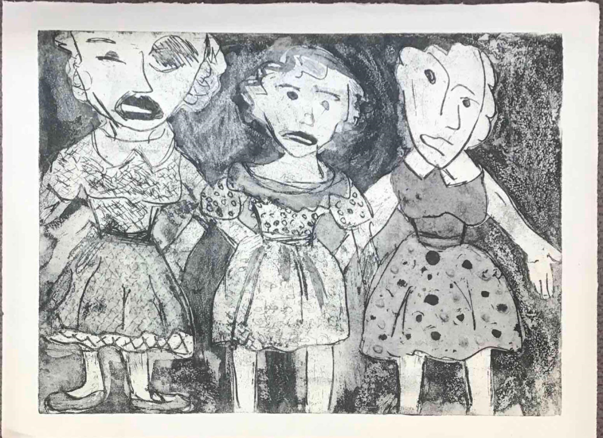 Artwork by Jessica Lenard, Three doll-like girls in a row, Made of Print