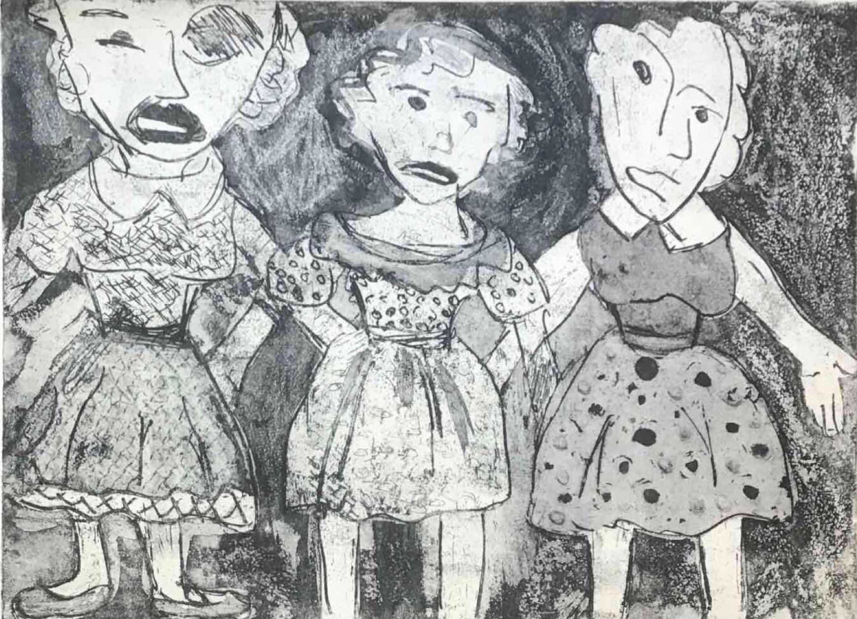 Artwork by Jessica Lenard, Three doll-like girls in a row, Made of Print